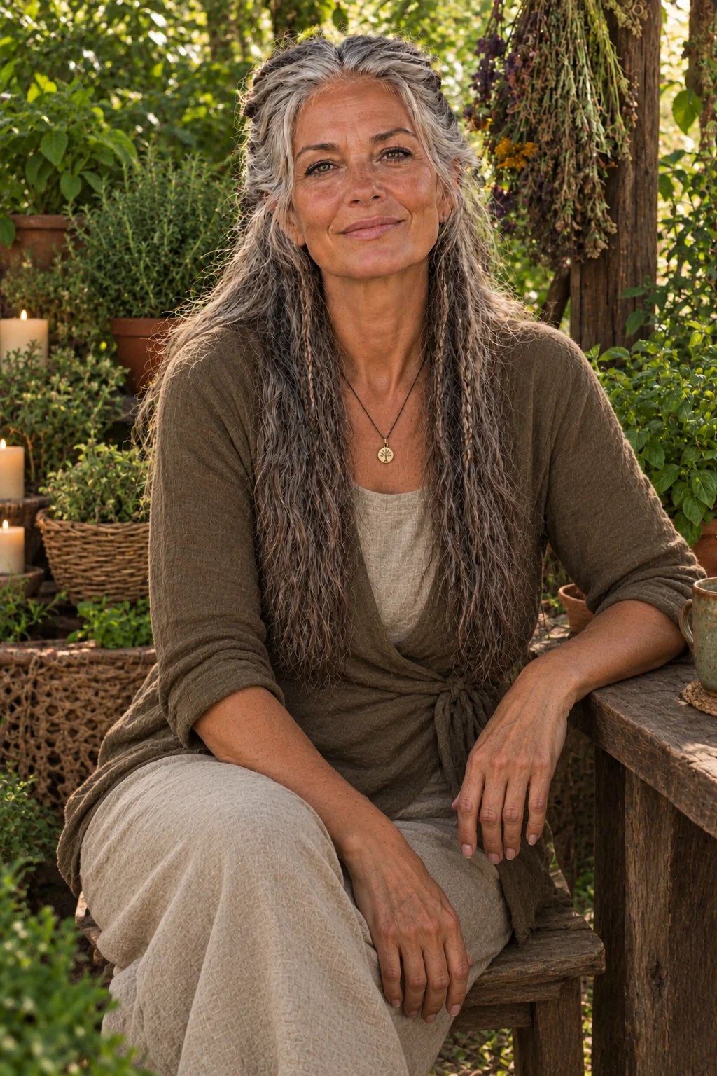 Margaret Sage, seated in her garden